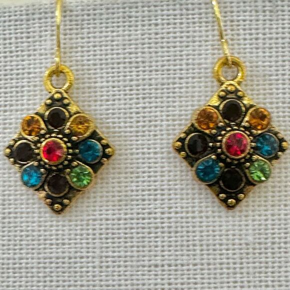 Colorful rhinestone gold tone drop earrings - Picture 1 of 7